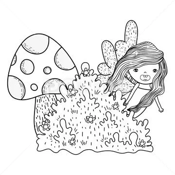 Cute little fairy with fungus and bush Stock Illustration