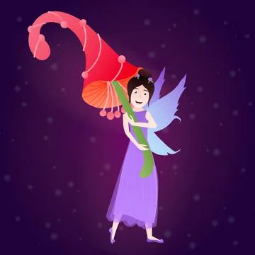 Cute little forest pixie holding giant mushroom like an umbrella, fairy tale 스톡 일러스트