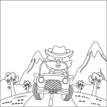 Cute little fox cartoon having fun driving off road car on sunny day. Stock Illustration