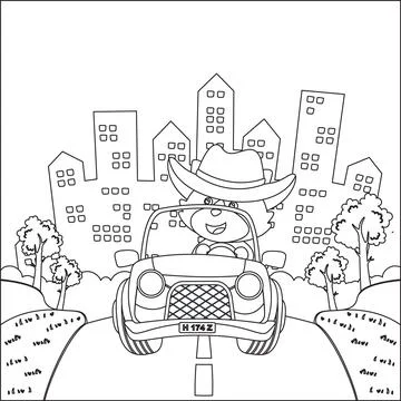 Cute little fox cartoon having fun driving off road car on sunny day. Stock Illustration