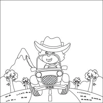 Cute little fox cartoon having fun driving off road car on sunny day. Stock Illustration