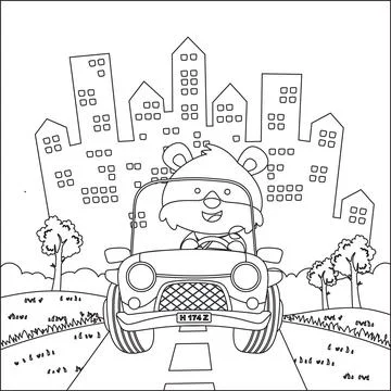 Cute little fox cartoon having fun driving off road car on sunny day. Stock Illustration