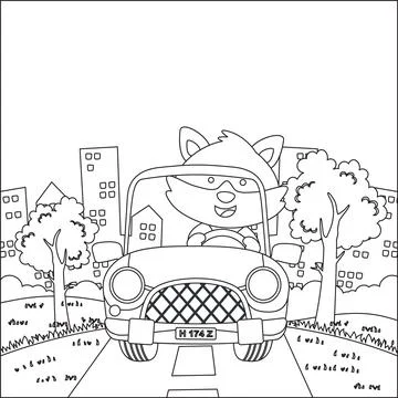 Cute little fox cartoon having fun driving off road car on sunny day. Stock Illustration