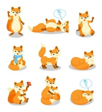 Cute little fox set, funny pup cartoon character in different situations vector Stock Illustration