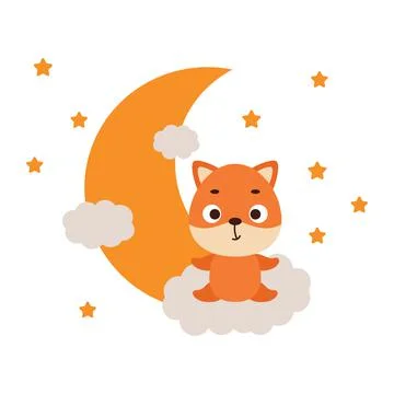 Cute little fox sitting on cloud. Cartoon animal character for kids t-shirt,  Illustrazione stock