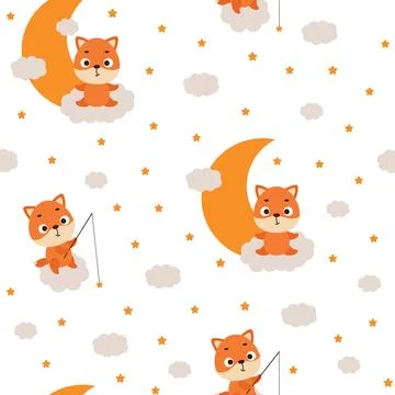 Cute little fox sitting on cloud and fishing star seamless childish pattern.. 스톡 일러스트