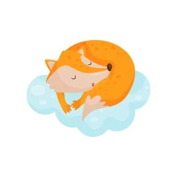 Cute little fox sleeping on a cloud, lovely animal cartoon character, good night Stock Illustration