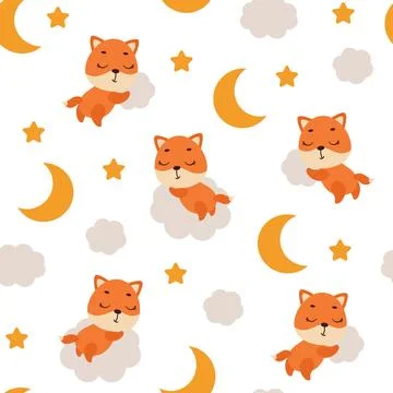 Cute little fox sleeping on cloud seamless childish pattern. Funny cartoon .. Stockillustratie