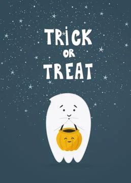 Cute little ghost with pumpkin. Stock Illustration