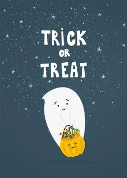 Cute little ghost with pumpkin. Stock Illustration