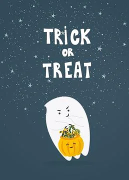 Cute little ghost with pumpkin. Stock Illustration