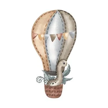 Cute little giraffe and dinosaur flying with air balloon illustration Stock Illustration