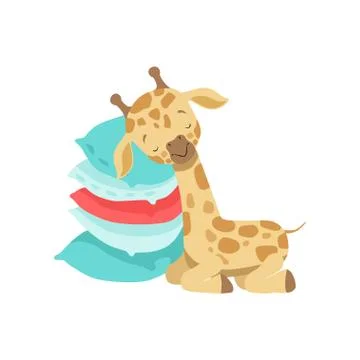 Cute little giraffe sleeping on a stack of pillows, funny jungle animal cartoon Stock Illustration