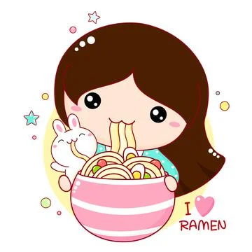 Cute little girl and bunny eat ramen noodles. Inscription I love ramen. Baby Stock Illustration