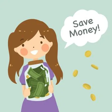 Cute little girl holding her money jar Stock Illustration
