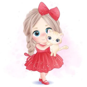 Cute little girl hugging a kitty illustration Stock Illustration