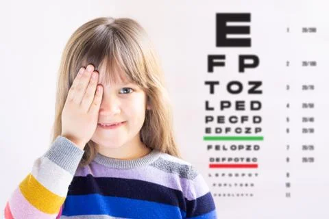 Cute little girl in ophthalmologist's office. Eye examination. Stock Photos