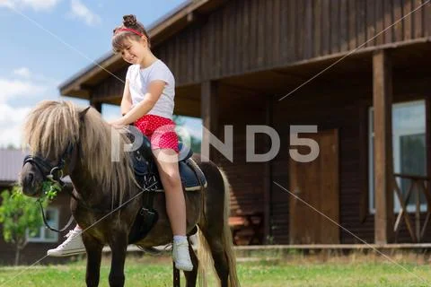 Cute little girl petting brown horse in the stable Stock Photos