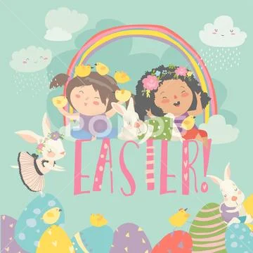 Cute little girls with Easter theme. Happy Easter Stock Illustration