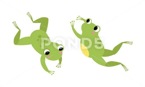 Cute little green baby frog jumping set cartoon vector illustration: Royalty  Free #180422542