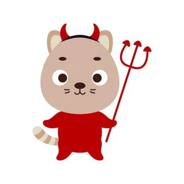 Cute little Halloween cat in a devil costume. Cartoon animal character for ki Stock Illustration
