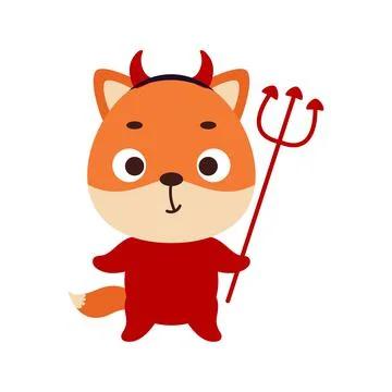 Cute little Halloween fox in a devil costume. Cartoon animal character for ki Stock Illustration