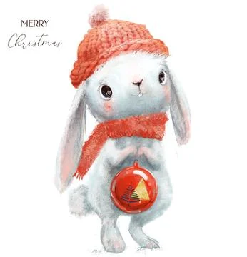 Cute little hare with red hat and christmas ball Stock Illustration