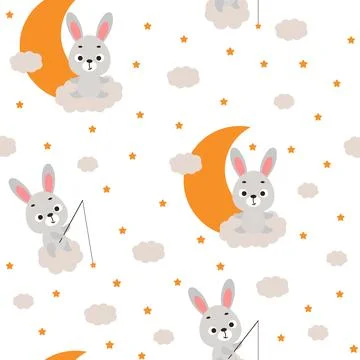 Cute little hare sitting on cloud and fishing star seamless childish patter.. Stock Illustration