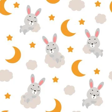 Cute little hare sleeping on cloud seamless childish pattern. Funny cartoon.. Stock Illustration
