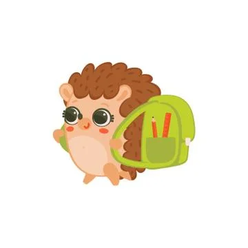 Cute little hedgehog with backpack, flat cartoon vector illustration isolated 스톡 일러스트