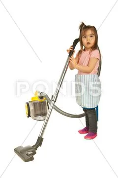 Cute little housewife cleaning house Stock Photos
