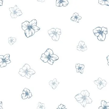 Cute little hydrangea flowers and flying forget-me-nots. Hand-drawn ink graphic Stock Illustration