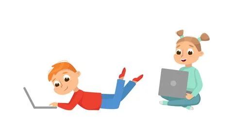 Cute Little Kid with Laptop Programming and Creating Smart Robot Vector Set 스톡 일러스트