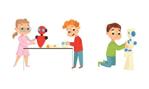 Cute Little Kid Programming and Creating Smart Robot Vector Set Stockillustratie