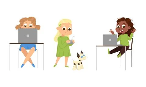 Cute Little Kid Programming and Creating Smart Robot Vector Set Stockillustratie