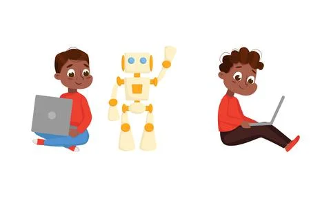 Cute Little Kid Programming and Creating Smart Robot Vector Set Stockillustratie