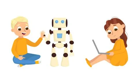 Cute Little Kid Programming and Creating Smart Robot Vector Set Stock Illustration