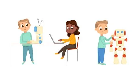 Cute Little Kid Programming and Creating Smart Robot Vector Set 스톡 일러스트