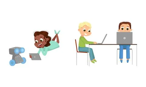 Cute Little Kid Programming and Creating Smart Robot Vector Set 스톡 일러스트