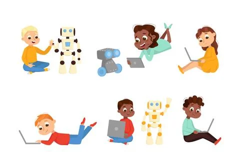 Cute Little Kid Programming and Creating Smart Robot with Laptop Vector Set 스톡 일러스트