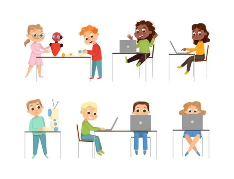 Cute Little Kid Programming and Creating Smart Robot with Laptop Vector Set Stockillustratie