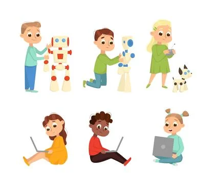 Cute Little Kid Programming and Creating Smart Robot with Laptop Vector Set 스톡 일러스트