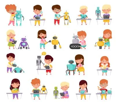 Cute Little Kid Programming and Creating Smart Robot Big Vector Set Illustrazione stock