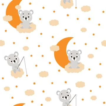 Cute little koala sitting on cloud and fishing star seamless childish pattern イラスト素材