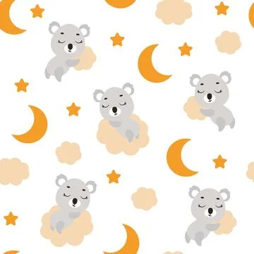 Cute little koala sleeping on cloud seamless childish pattern. Funny cartoon Stock Illustration