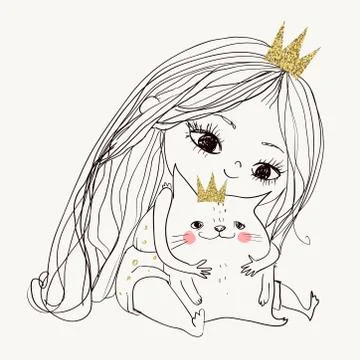 Cute little lovely princess girl with kitten Stock Illustration