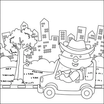 Cute little monkey driving a car go to forest funny animal cartoon, Stock Illustration