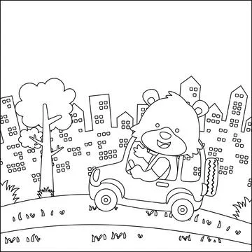 Cute little monkey driving a car go to forest funny animal cartoon, Stock Illustration