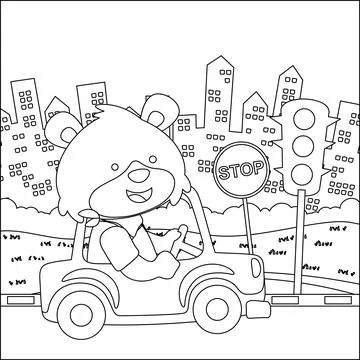 Cute little monkey driving a car go to forest funny animal cartoon, Stock Illustration