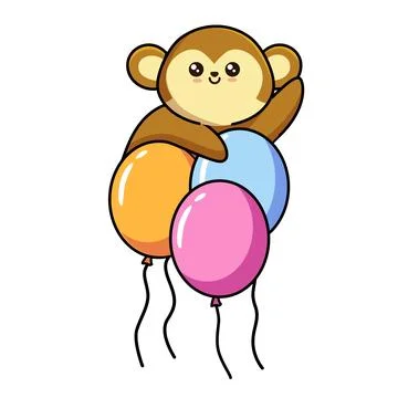 Cute little monkey with figure one, blue balloon and bow tie Stock Illustration